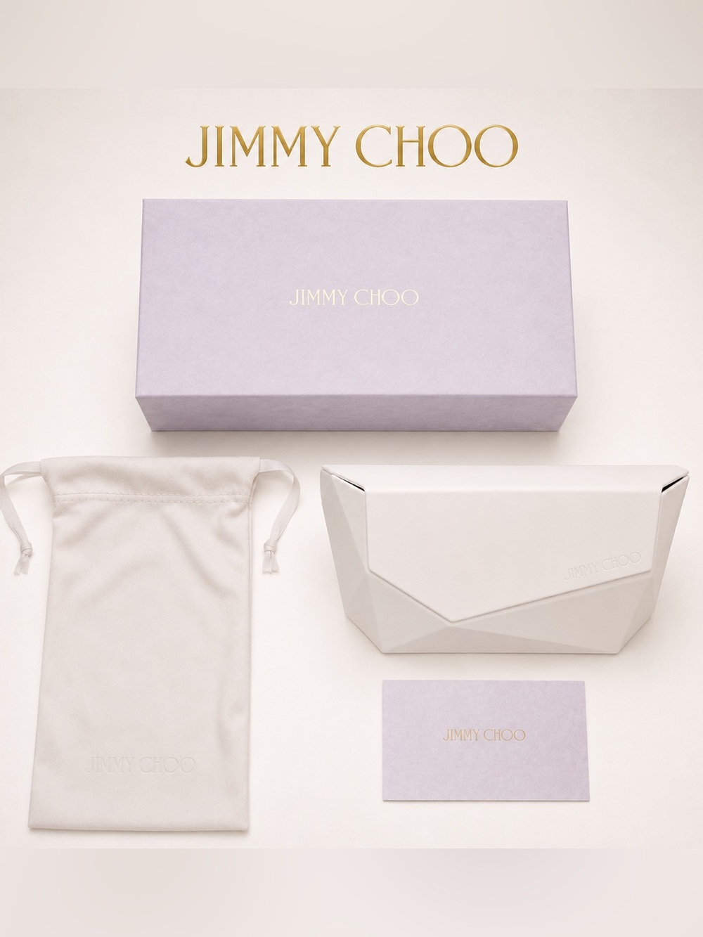 Jimmy Choo White Geometric Eyeglass / Sunglasses Case with Box, Dust Bag & Card